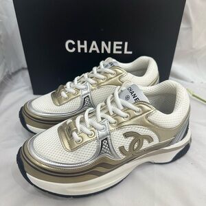 CHANEL White & Gold Tone CC Logo Mesh Platform Sneakers